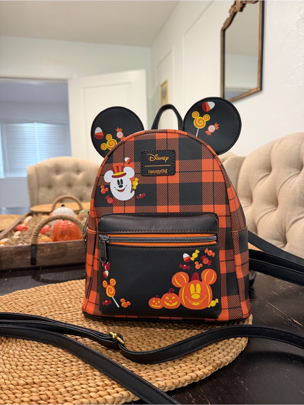 Loungefly Orange and Black Plaid Halloween Mickey Mini Backpack